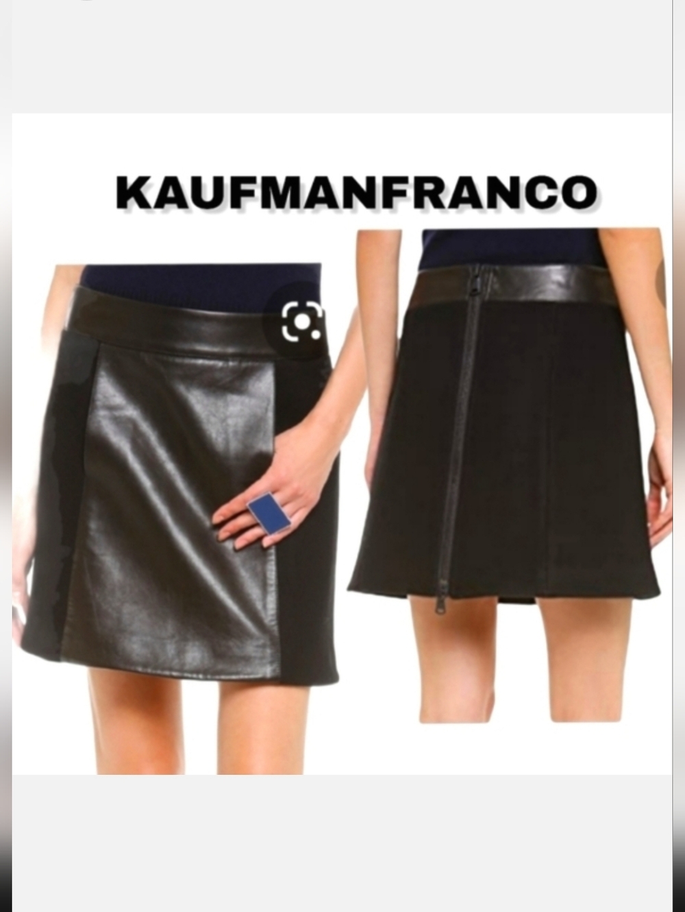 KAUFMAN FRANCO Black Exposed Zipper Italian Lambskin Leather A-line Skirt Sz 4